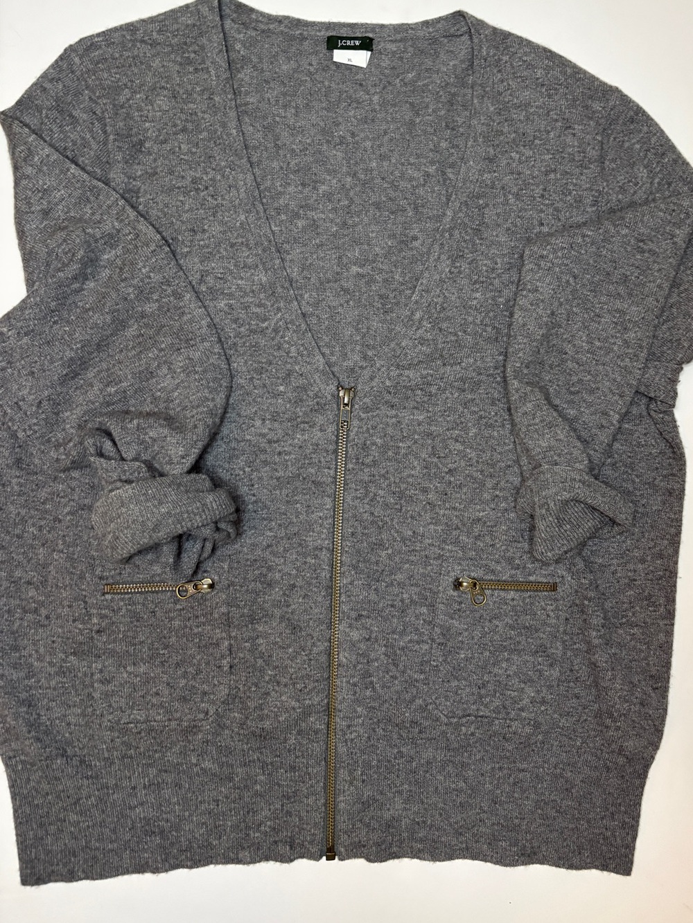 J.crew charcoal grey wool cashmere brass zipper long sleeve V-neck cardigan
